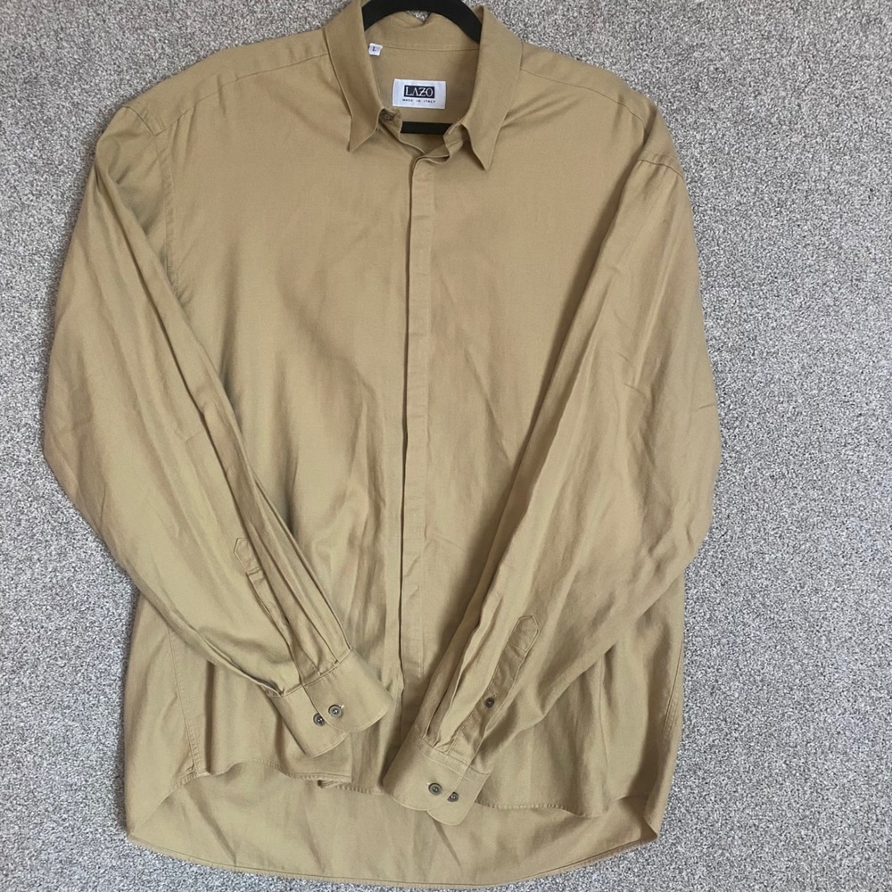 LAZO Mens Long Sleeve‎ Button Down Shirt Khaki L Made in Italy Cotton Cashmere